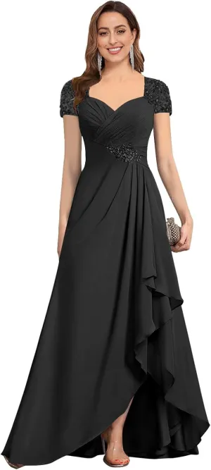 AUMEELAM Lace Appliques Mother of The Bride Dress Soft Chiffon Ruched Bodice Formal Dress A Line Bridesmaid with Sleeves