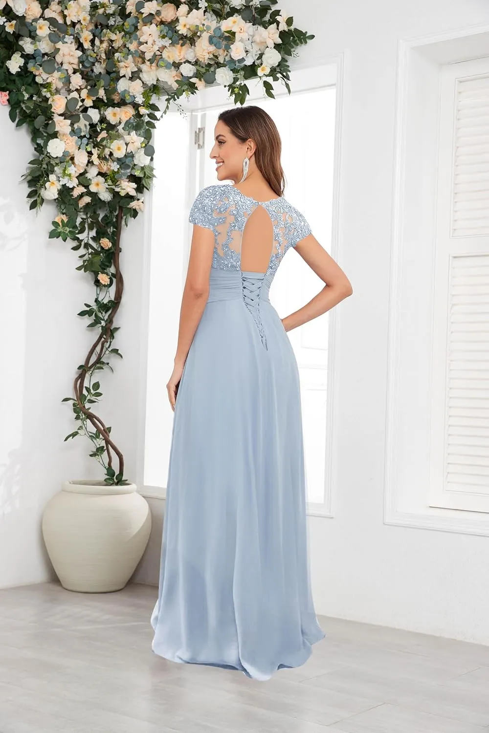 AUMEELAM Lace Appliques Mother of The Bride Dress Soft Chiffon Ruched Bodice Formal Dress A Line Bridesmaid with Sleeves