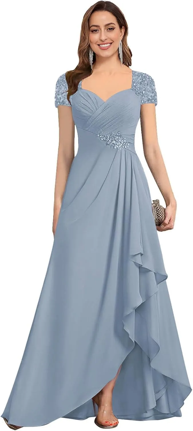 AUMEELAM Lace Appliques Mother of The Bride Dress Soft Chiffon Ruched Bodice Formal Dress A Line Bridesmaid with Sleeves