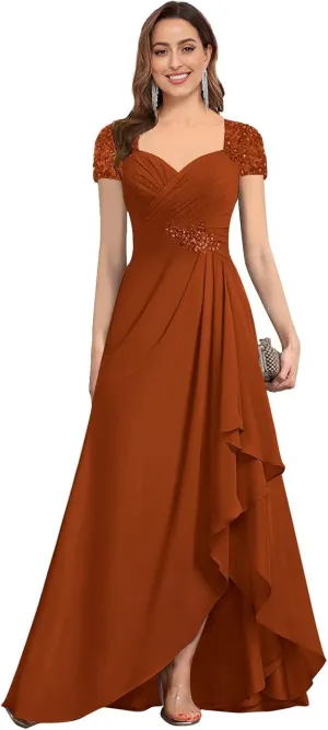 AUMEELAM Lace Appliques Mother of The Bride Dress Soft Chiffon Ruched Bodice Formal Dress A Line Bridesmaid with Sleeves