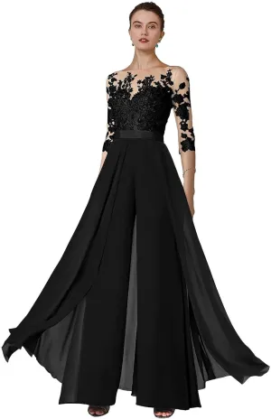 AUMEELAM Soft Chiffon Mother of The Bride Pant Suits for Wedding Lace Appliques Outfit Sets for Wedding Guest with Sleeves