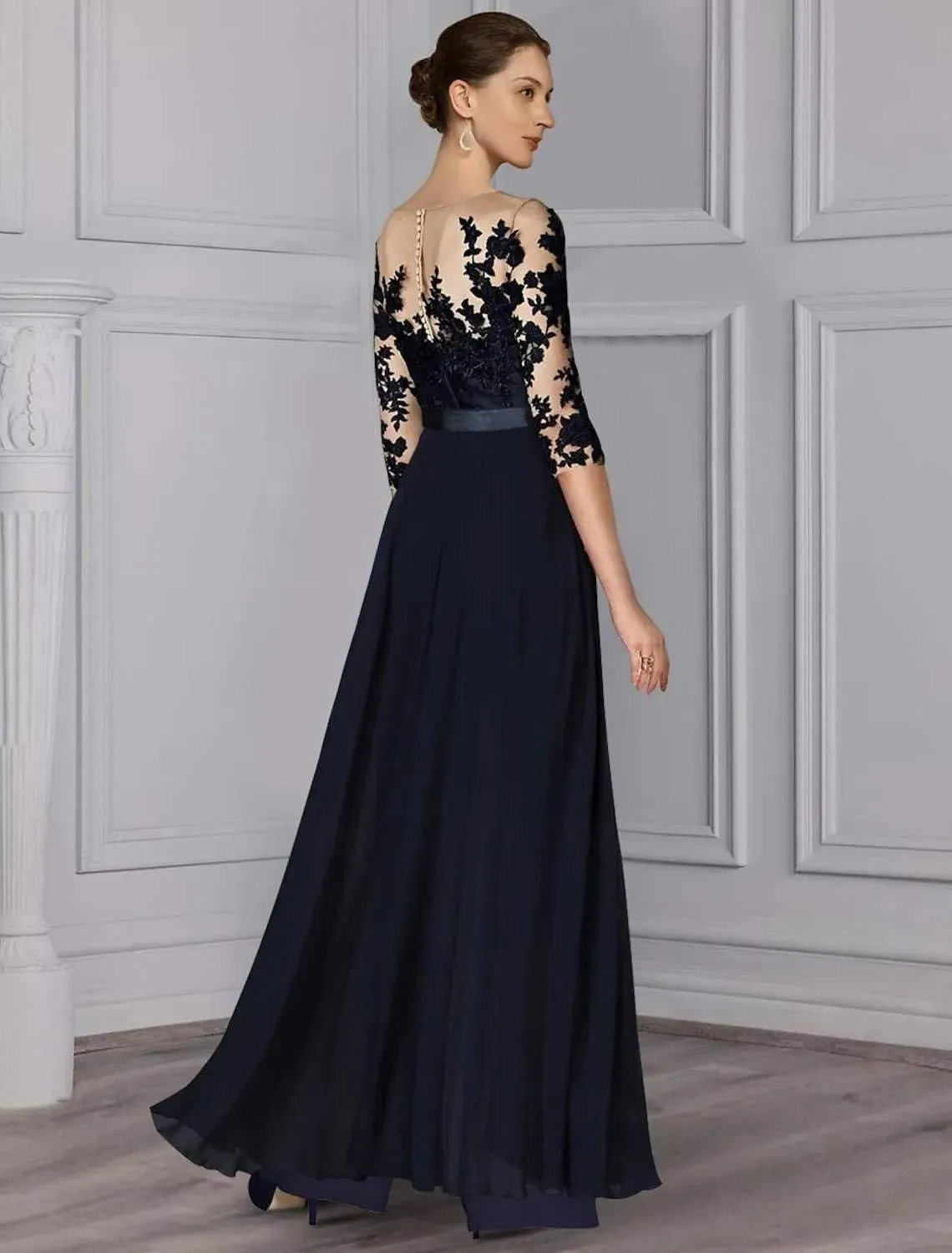 AUMEELAM Soft Chiffon Mother of The Bride Pant Suits for Wedding Lace Appliques Outfit Sets for Wedding Guest with Sleeves