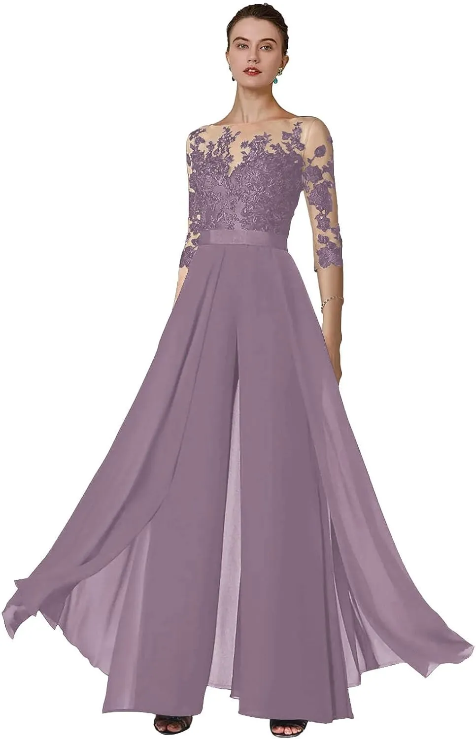 AUMEELAM Soft Chiffon Mother of The Bride Pant Suits for Wedding Lace Appliques Outfit Sets for Wedding Guest with Sleeves
