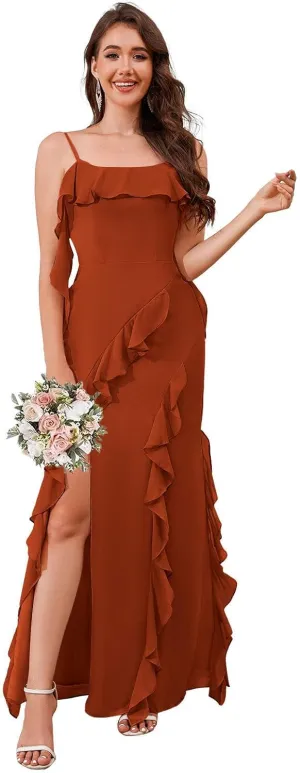 AUMEELAM Square Neck Long Bridesmaid Dresses for Wedding Soft Chiffon Pleated A Line Ruffles Formal Evening Dress