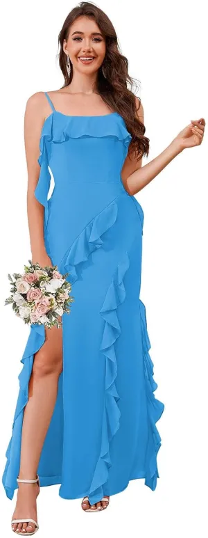 AUMEELAM Square Neck Long Bridesmaid Dresses for Wedding Soft Chiffon Pleated A Line Ruffles Formal Evening Dress