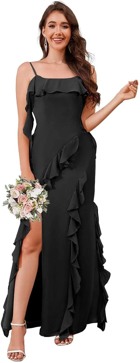 AUMEELAM Square Neck Long Bridesmaid Dresses for Wedding Soft Chiffon Pleated A Line Ruffles Formal Evening Dress