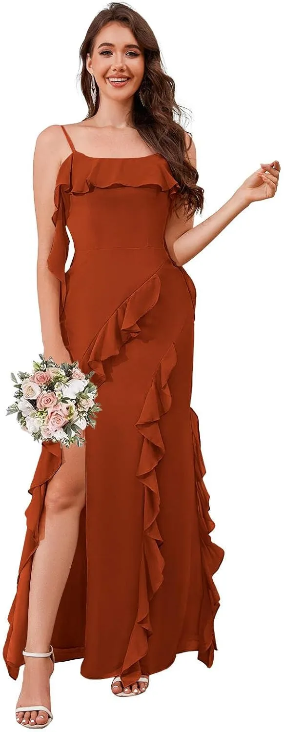 AUMEELAM Square Neck Long Bridesmaid Dresses for Wedding Soft Chiffon Pleated A Line Ruffles Formal Evening Dress