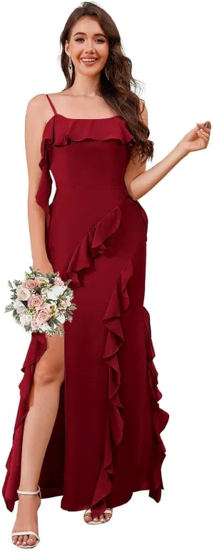 AUMEELAM Square Neck Long Bridesmaid Dresses for Wedding Soft Chiffon Pleated A Line Ruffles Formal Evening Dress