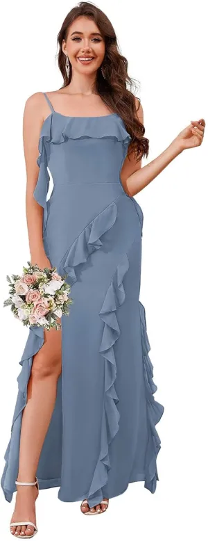 AUMEELAM Square Neck Long Bridesmaid Dresses for Wedding Soft Chiffon Pleated A Line Ruffles Formal Evening Dress