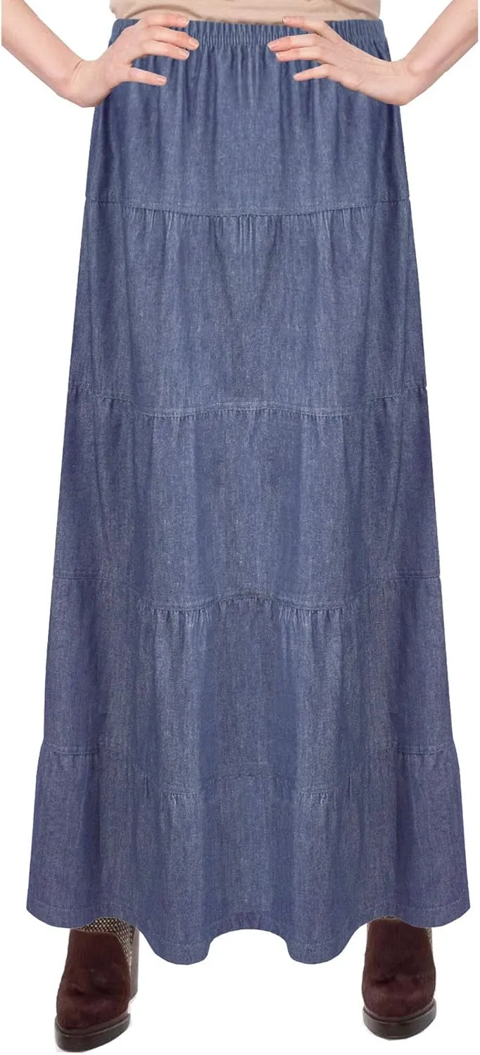 Baby'O Women's Ankle Length Tiered Long Denim Prairie Skirt