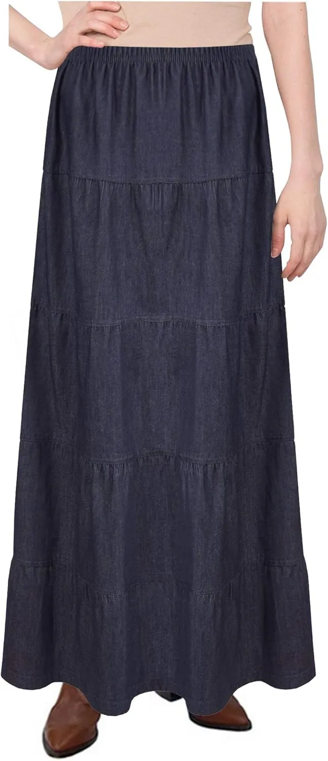 Baby'O Women's Ankle Length Tiered Long Denim Prairie Skirt