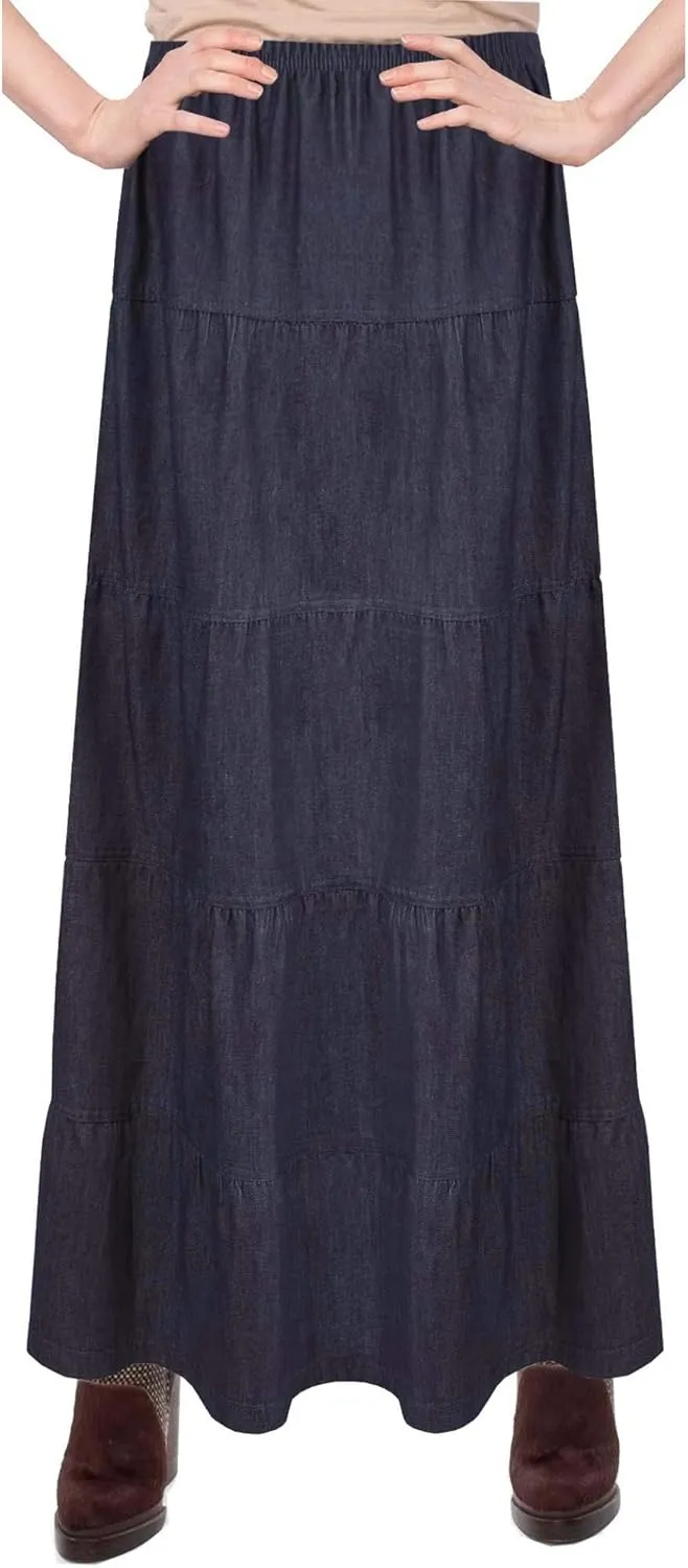 Baby'O Women's Ankle Length Tiered Long Denim Prairie Skirt