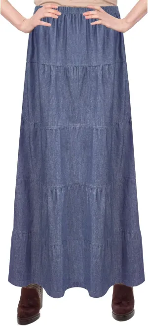 Baby'O Women's Ankle Length Tiered Long Denim Prairie Skirt