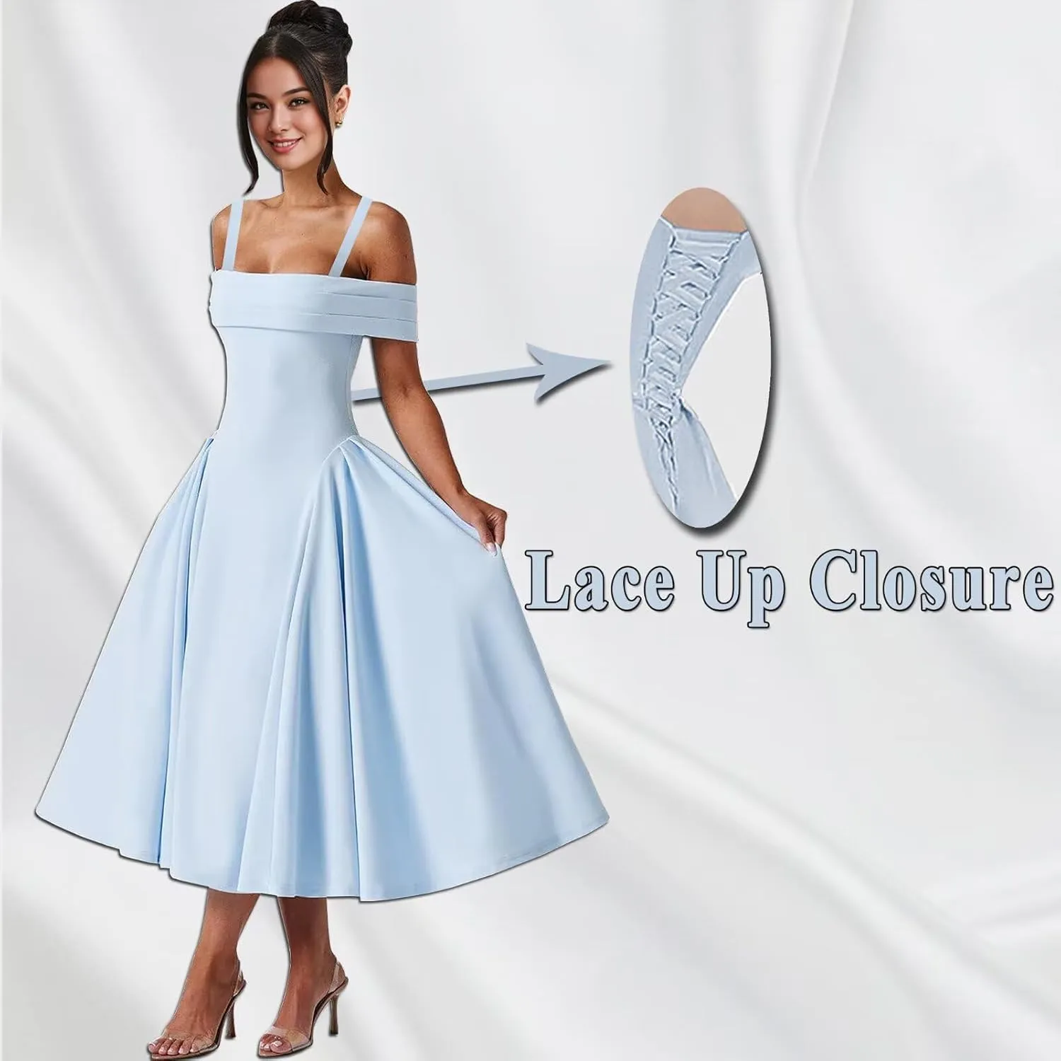 Bardot Neckline Formal Midi Dress for Women Elegant Plus Size Tea Length Prom Party Dresses Swing A Line