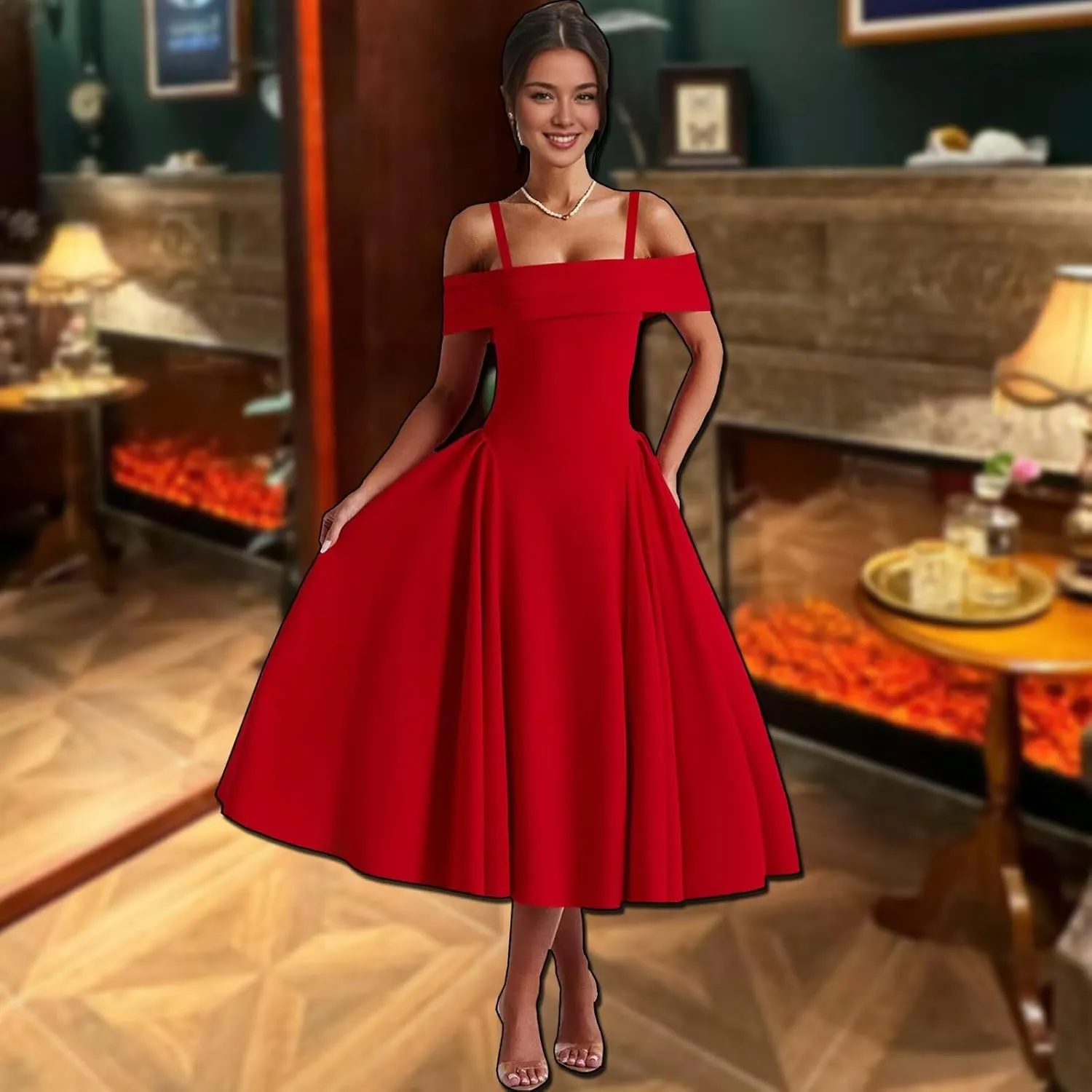 Bardot Neckline Formal Midi Dress for Women Elegant Plus Size Tea Length Prom Party Dresses Swing A Line