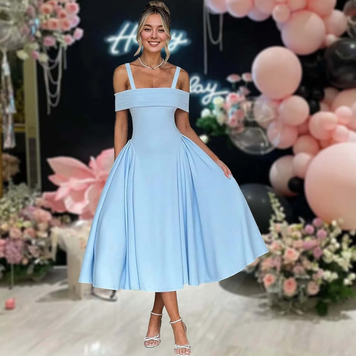 Bardot Neckline Formal Midi Dress for Women Elegant Plus Size Tea Length Prom Party Dresses Swing A Line