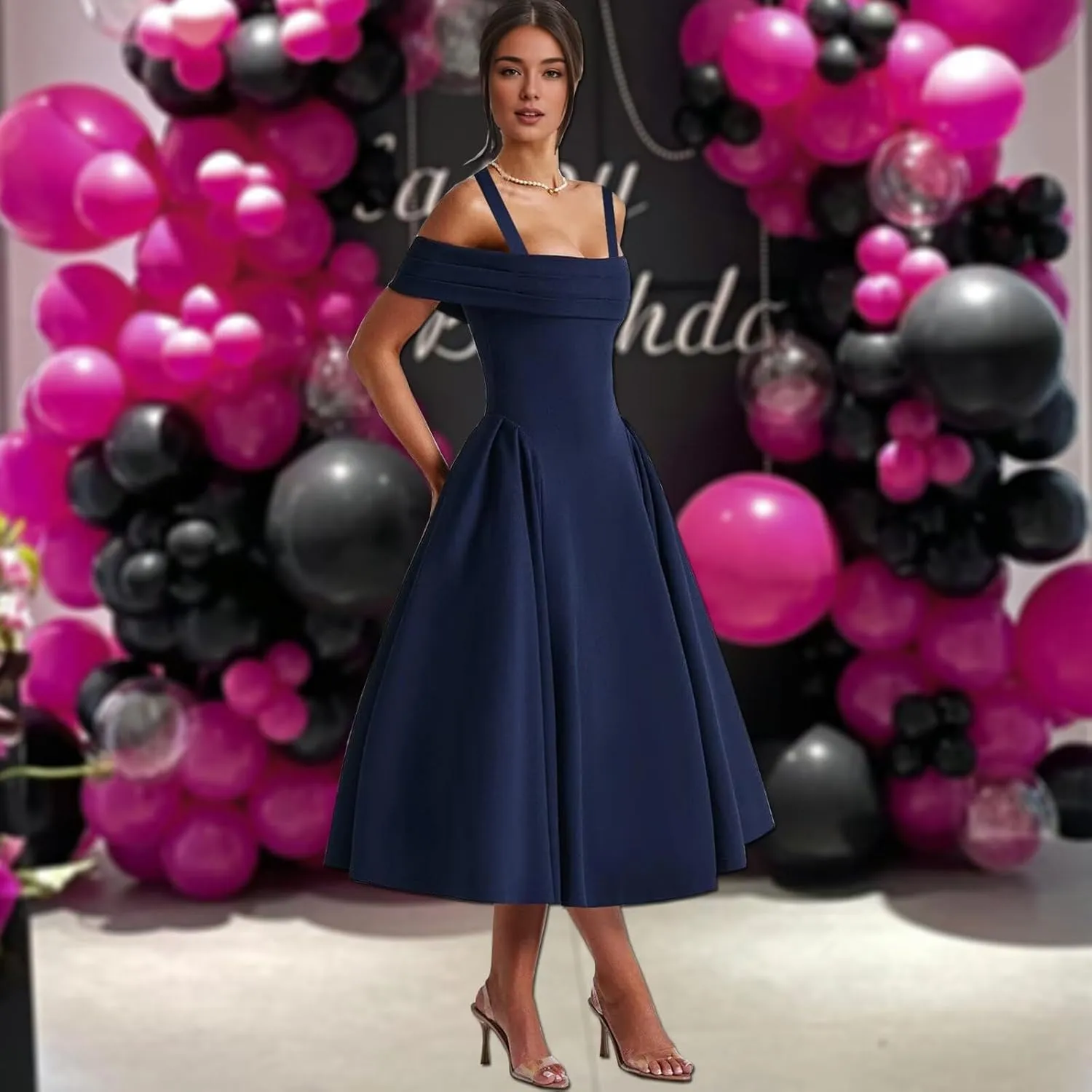 Bardot Neckline Formal Midi Dress for Women Elegant Plus Size Tea Length Prom Party Dresses Swing A Line