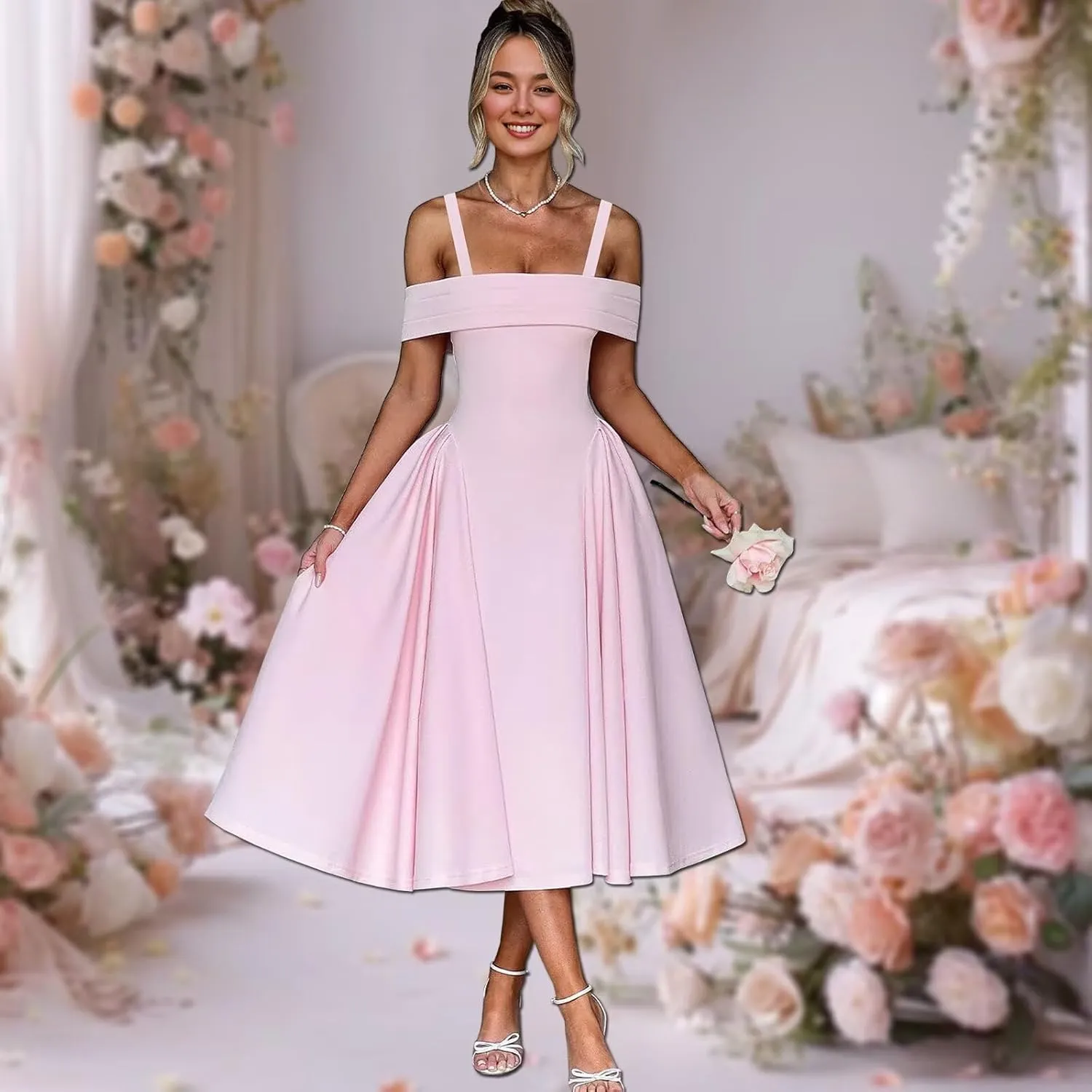 Bardot Neckline Formal Midi Dress for Women Elegant Plus Size Tea Length Prom Party Dresses Swing A Line