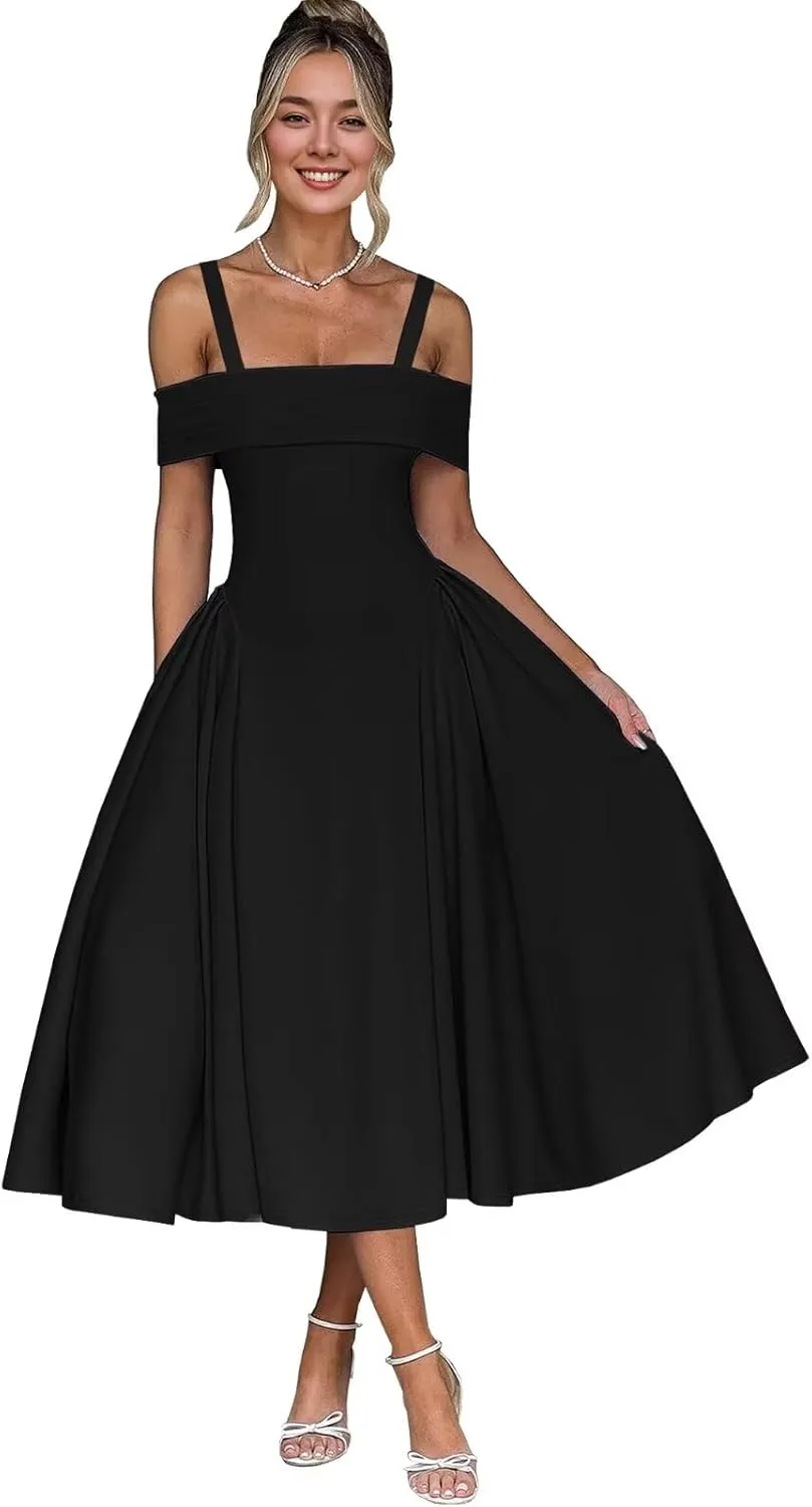 Bardot Neckline Formal Midi Dress for Women Elegant Plus Size Tea Length Prom Party Dresses Swing A Line