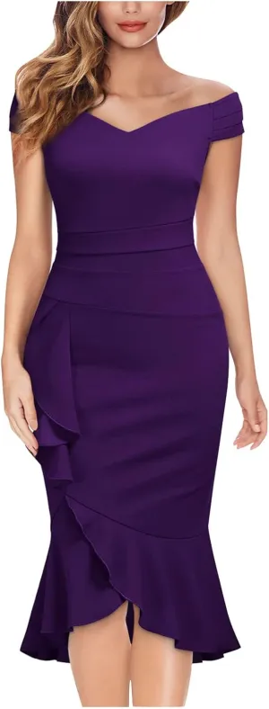 BAXLIMEK Cocktail Dresses for Women,2025 Elegant Sexy Bodycon Off Shoulder Formal Dress Ruffle Irregular Slit Hem Party Dress