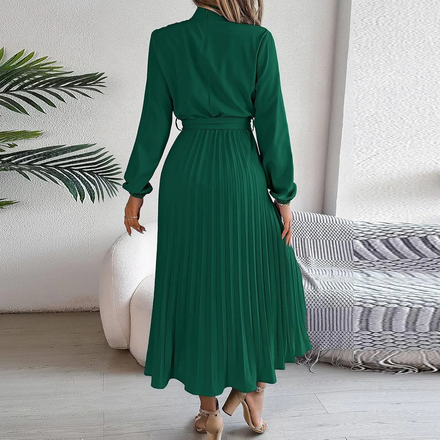 BAXLIMEK Midi Dresses for Women,2025 Spring Elegant Trendy Long Sleeve Dress Flowy Pleated A Line Vacation Dress Work Outfits