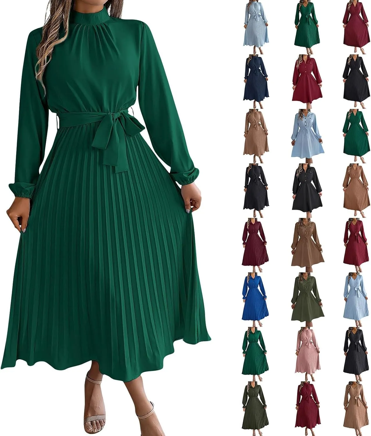BAXLIMEK Midi Dresses for Women,2025 Spring Elegant Trendy Long Sleeve Dress Flowy Pleated A Line Vacation Dress Work Outfits