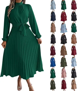 BAXLIMEK Midi Dresses for Women,2025 Spring Elegant Trendy Long Sleeve Dress Flowy Pleated A Line Vacation Dress Work Outfits