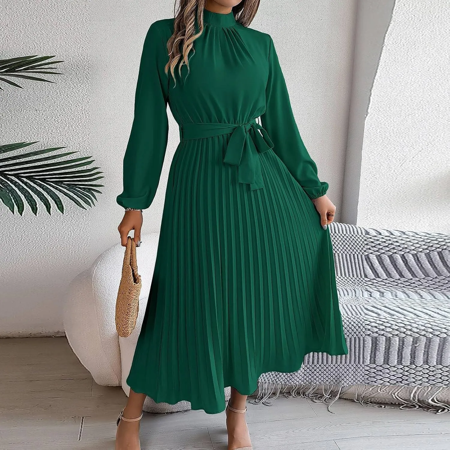 BAXLIMEK Midi Dresses for Women,2025 Spring Elegant Trendy Long Sleeve Dress Flowy Pleated A Line Vacation Dress Work Outfits