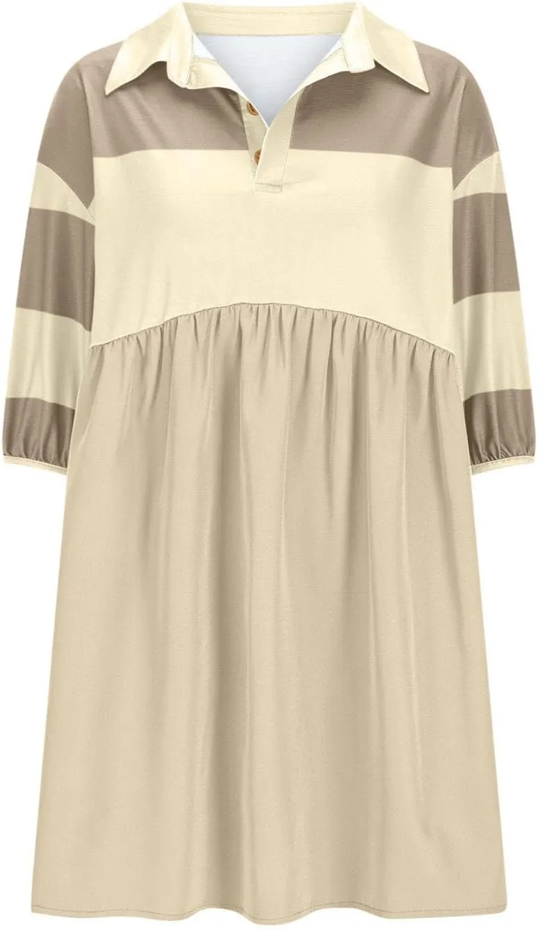 Beach Dresses for Women 2025 Vacation Casual V Neck Short Sleeve Mini Dress Soft Patchwork Dress with Buttons