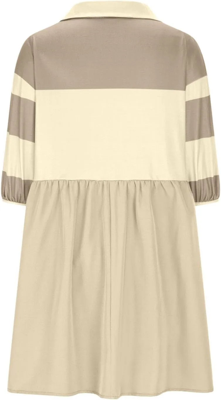 Beach Dresses for Women 2025 Vacation Casual V Neck Short Sleeve Mini Dress Soft Patchwork Dress with Buttons
