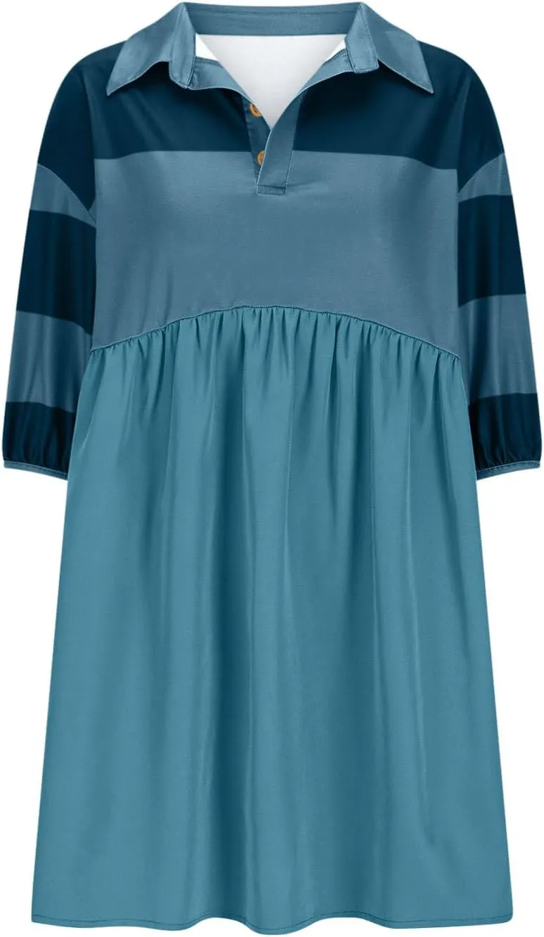 Beach Dresses for Women 2025 Vacation Casual V Neck Short Sleeve Mini Dress Soft Patchwork Dress with Buttons