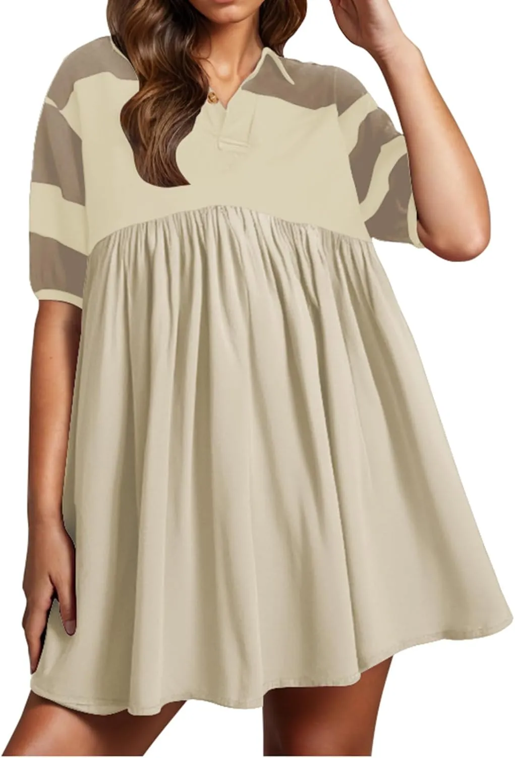 Beach Dresses for Women 2025 Vacation Casual V Neck Short Sleeve Mini Dress Soft Patchwork Dress with Buttons