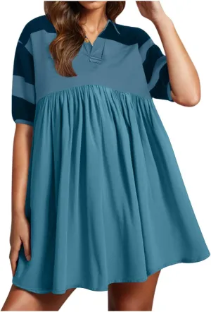Beach Dresses for Women 2025 Vacation Casual V Neck Short Sleeve Mini Dress Soft Patchwork Dress with Buttons