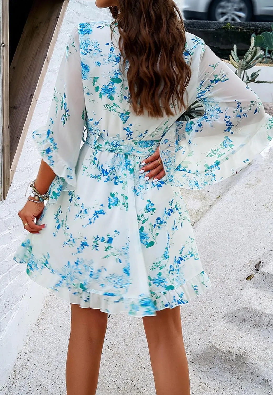 Beautiful Nomad Women's Summer V Neck Dress Casual Flowy Floral Elegant Mini Short Swing Skater Dresses