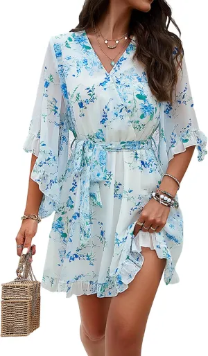 Beautiful Nomad Women's Summer V Neck Dress Casual Flowy Floral Elegant Mini Short Swing Skater Dresses