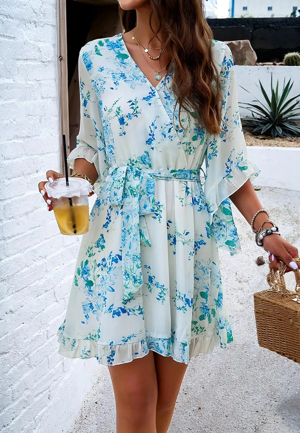 Beautiful Nomad Women's Summer V Neck Dress Casual Flowy Floral Elegant Mini Short Swing Skater Dresses