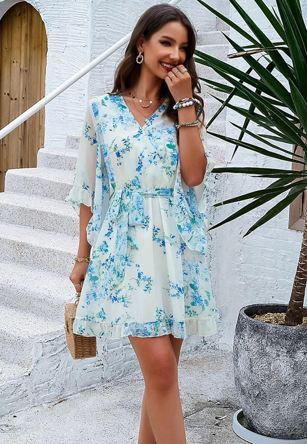 Beautiful Nomad Women's Summer V Neck Dress Casual Flowy Floral Elegant Mini Short Swing Skater Dresses