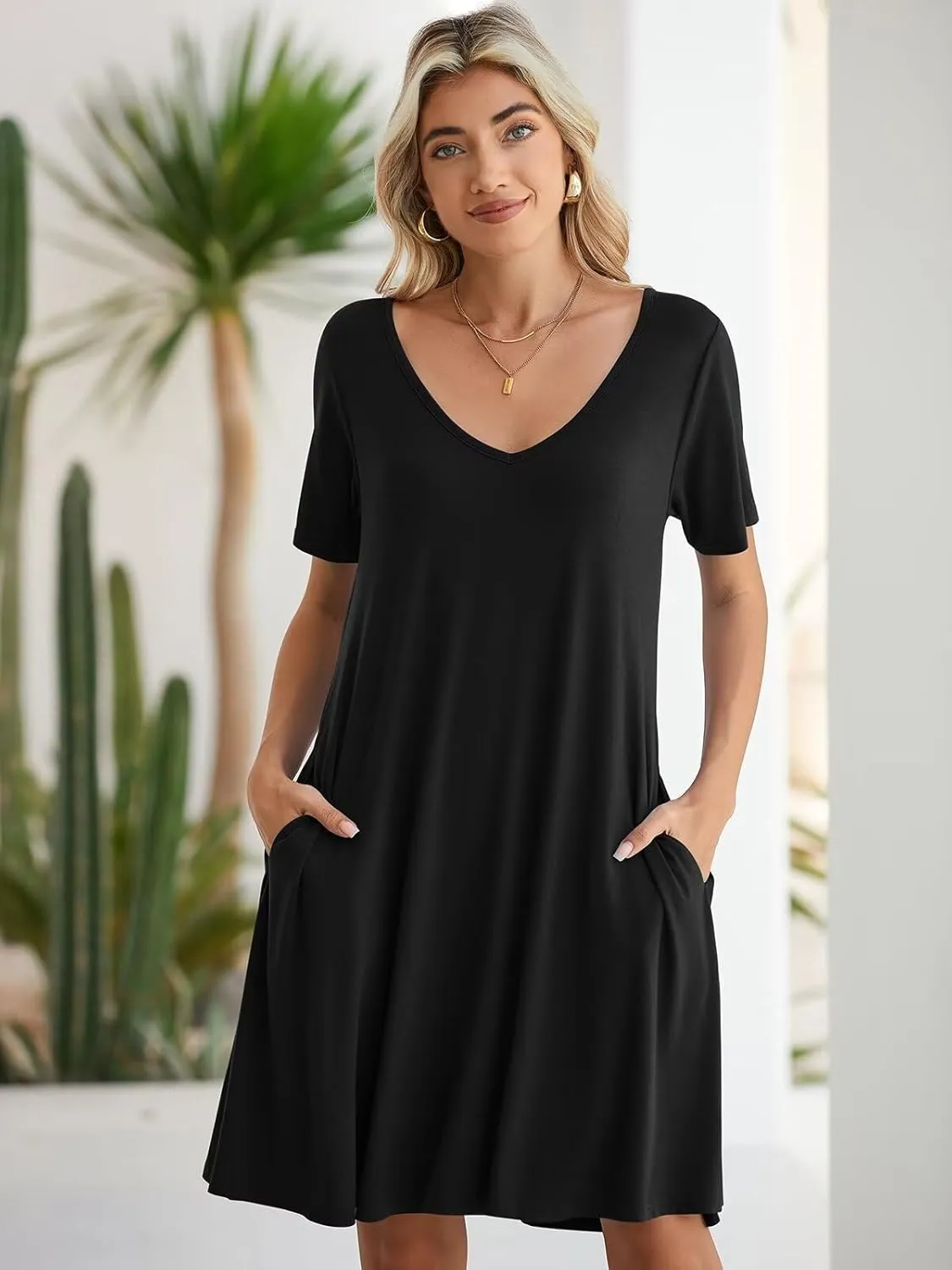 BELAROI Women Casual Summer Dresses Loose Tshirt Beach Sundress V Neck Plus Size Swing Tunic Pockets