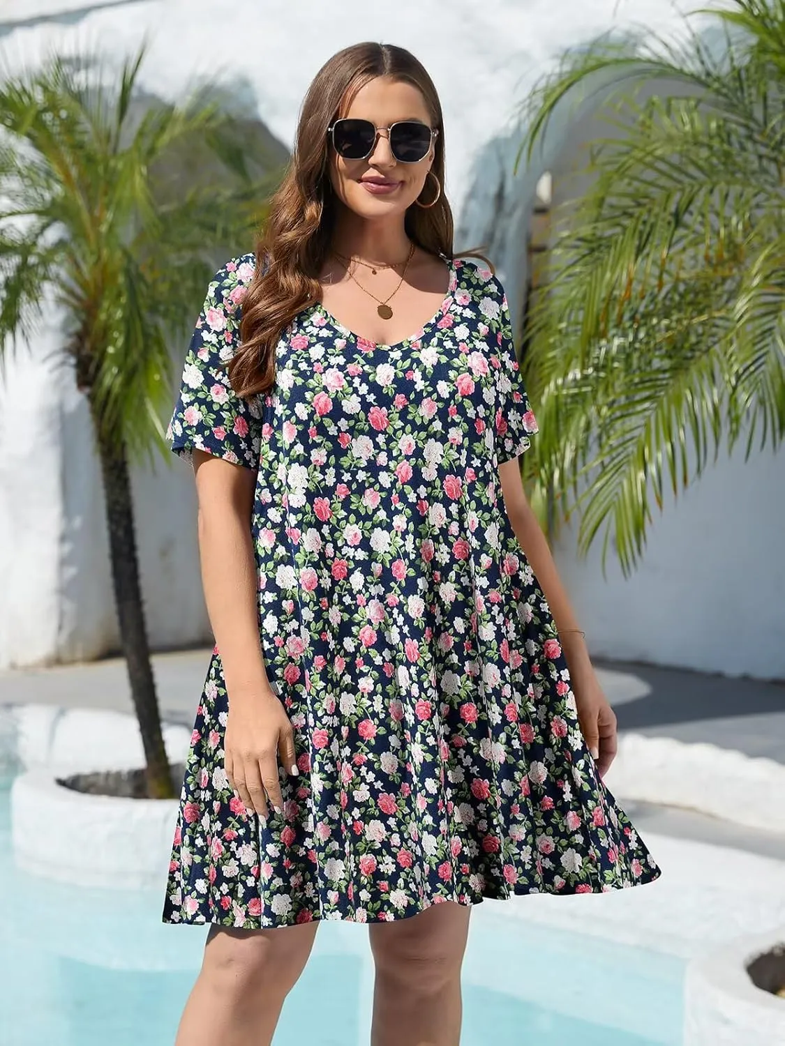 BELAROI Women Casual Summer Dresses Loose Tshirt Beach Sundress V Neck Plus Size Swing Tunic Pockets