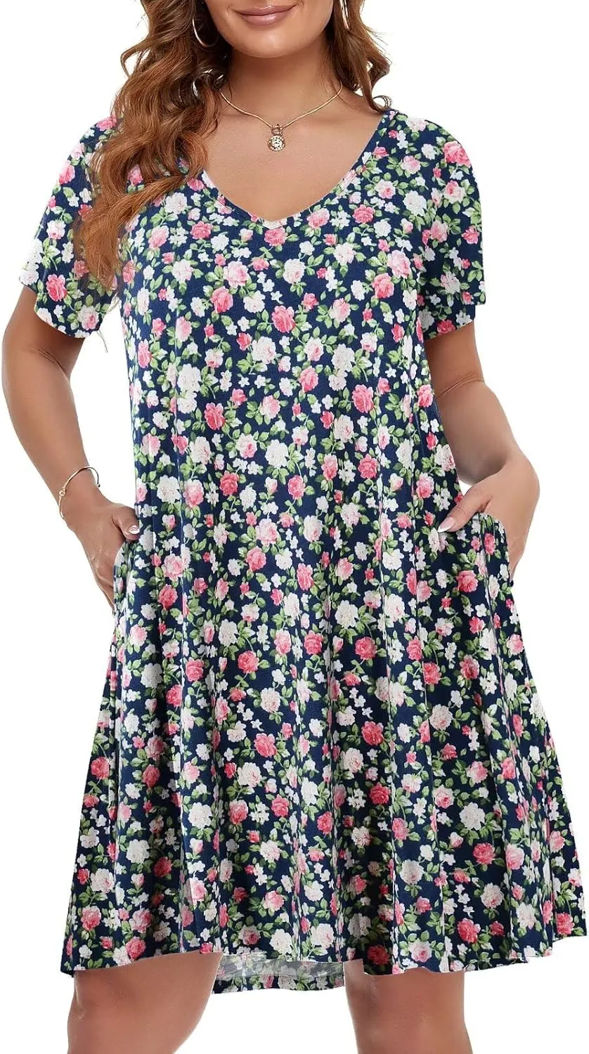BELAROI Women Casual Summer Dresses Loose Tshirt Beach Sundress V Neck Plus Size Swing Tunic Pockets