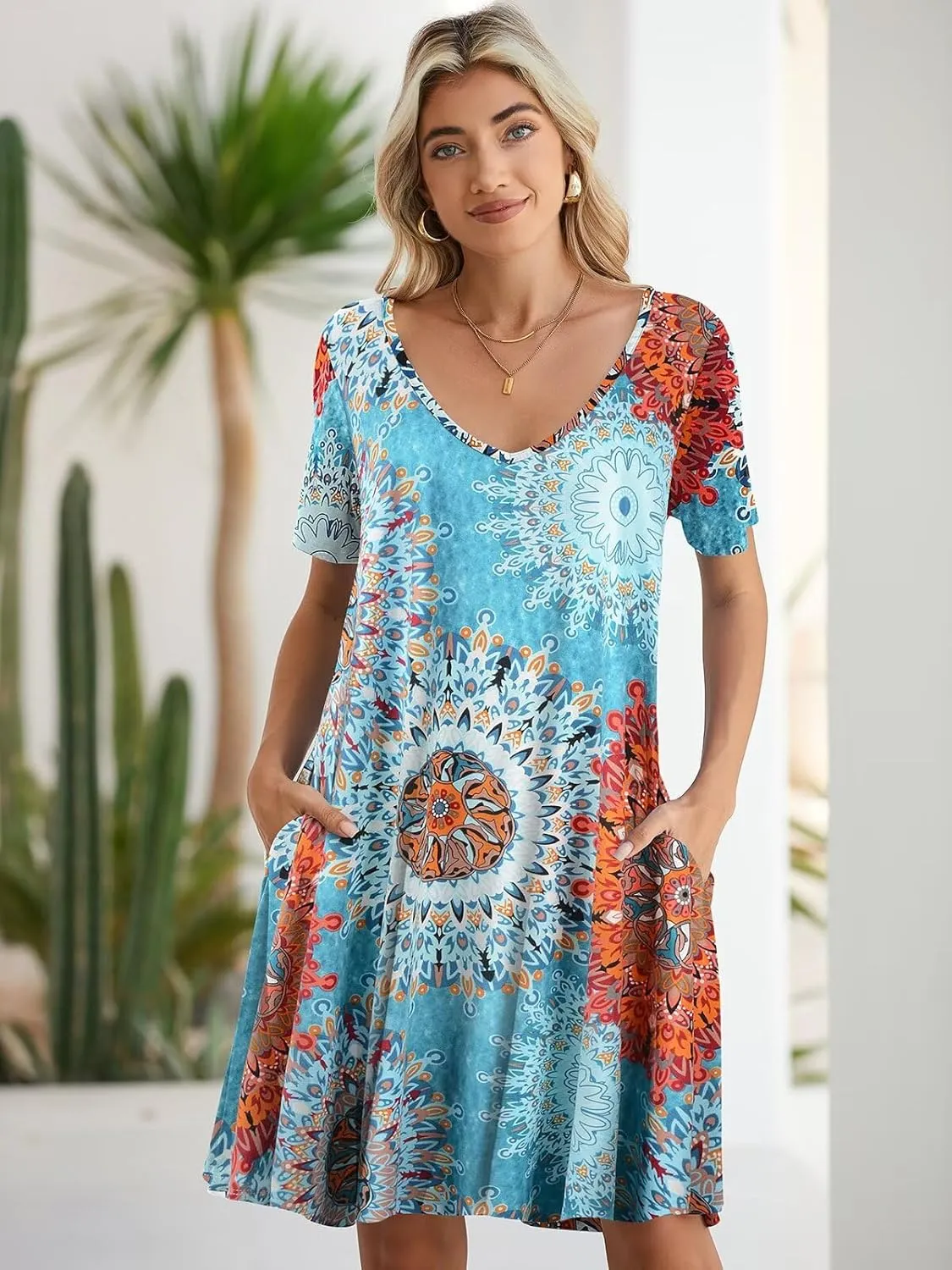 BELAROI Women Casual Summer Dresses Loose Tshirt Beach Sundress V Neck Plus Size Swing Tunic Pockets
