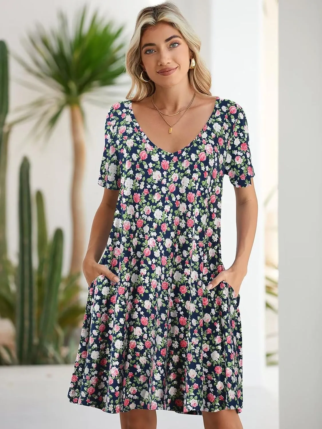 BELAROI Women Casual Summer Dresses Loose Tshirt Beach Sundress V Neck Plus Size Swing Tunic Pockets