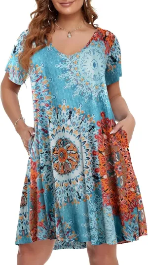 BELAROI Women Casual Summer Dresses Loose Tshirt Beach Sundress V Neck Plus Size Swing Tunic Pockets