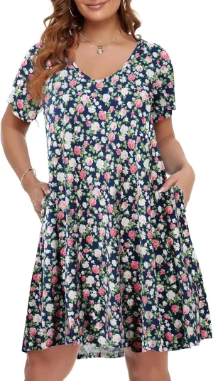 BELAROI Women Casual Summer Dresses Loose Tshirt Beach Sundress V Neck Plus Size Swing Tunic Pockets