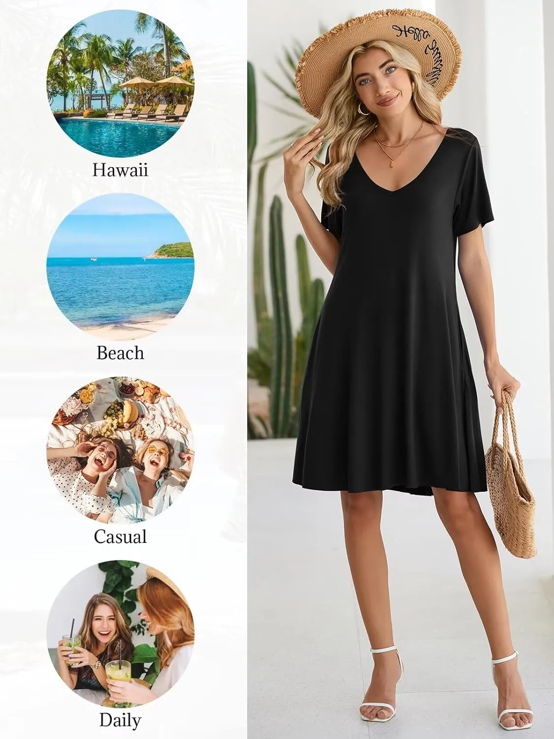 BELAROI Women Casual Summer Dresses Loose Tshirt Beach Sundress V Neck Plus Size Swing Tunic Pockets