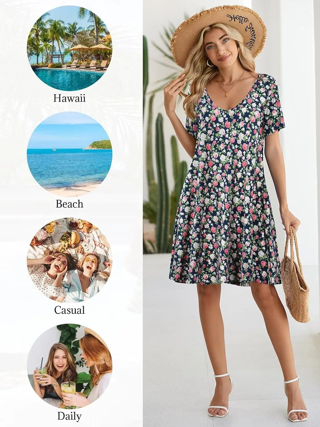 BELAROI Women Casual Summer Dresses Loose Tshirt Beach Sundress V Neck Plus Size Swing Tunic Pockets