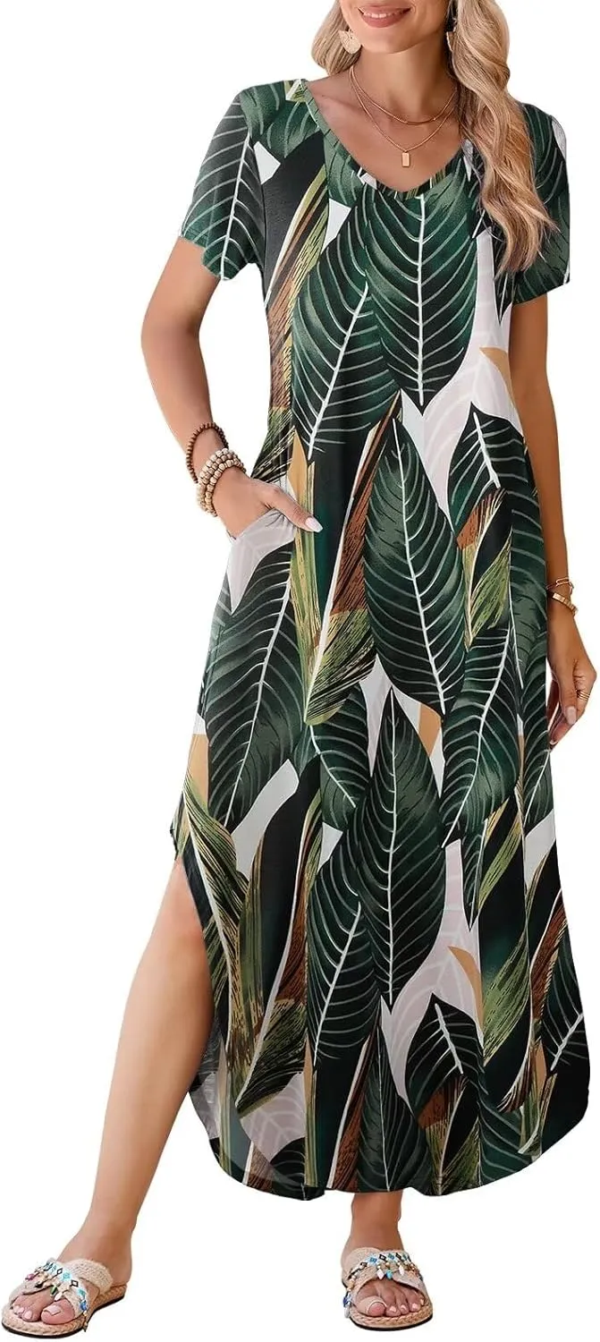 BELAROI Womens Plus Size Maxi Dresses Summer T Shirt Dress Casual V Neck Short Sleeve Long Dress Loose Fit Pockets Split