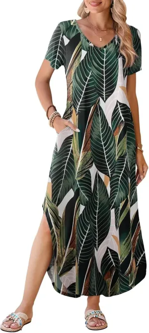 BELAROI Womens Plus Size Maxi Dresses Summer T Shirt Dress Casual V Neck Short Sleeve Long Dress Loose Fit Pockets Split