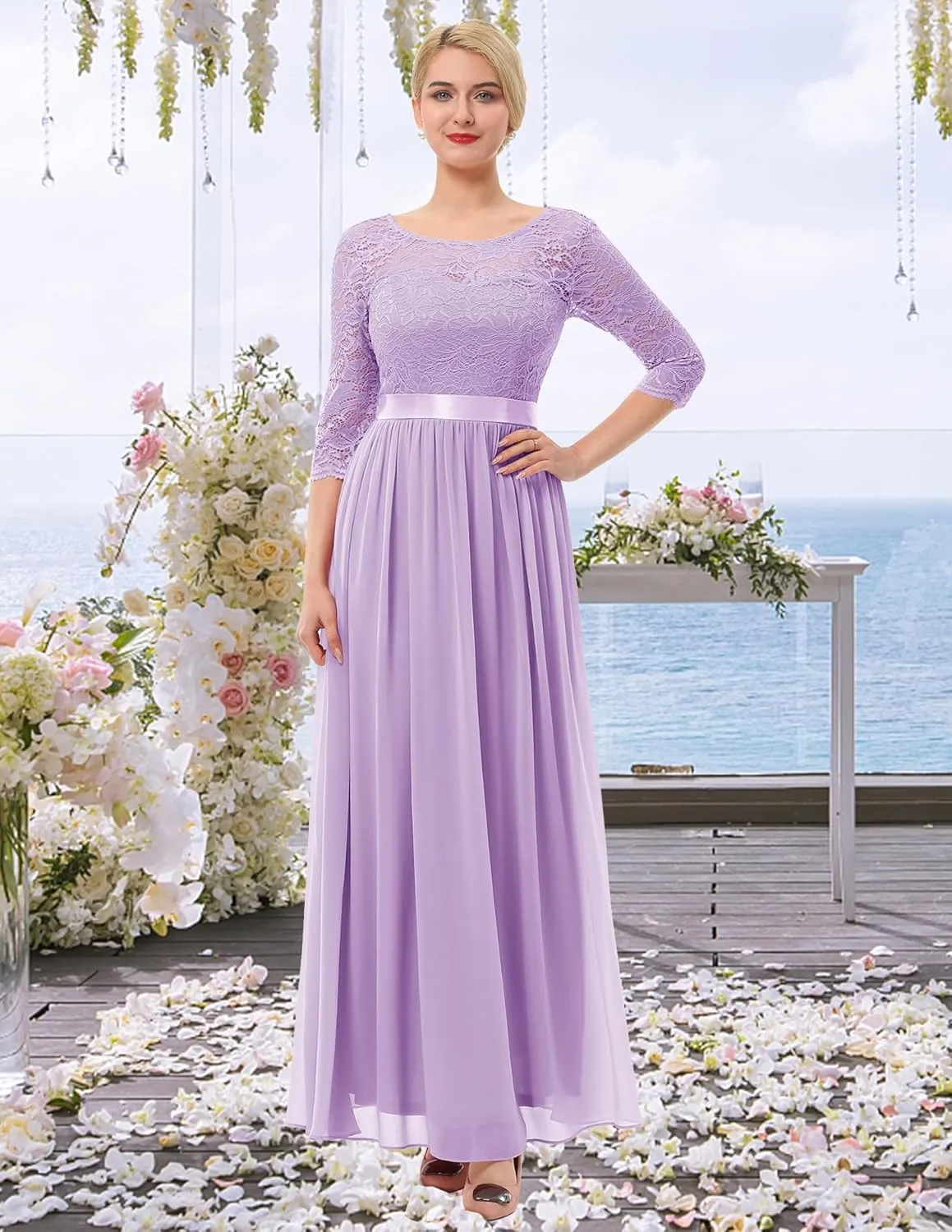 BeryLove Women Long Sleeve Formal Party Dress Lace Wedding Guest Maxi Dresses Elegant Cocktail Evening Gowns