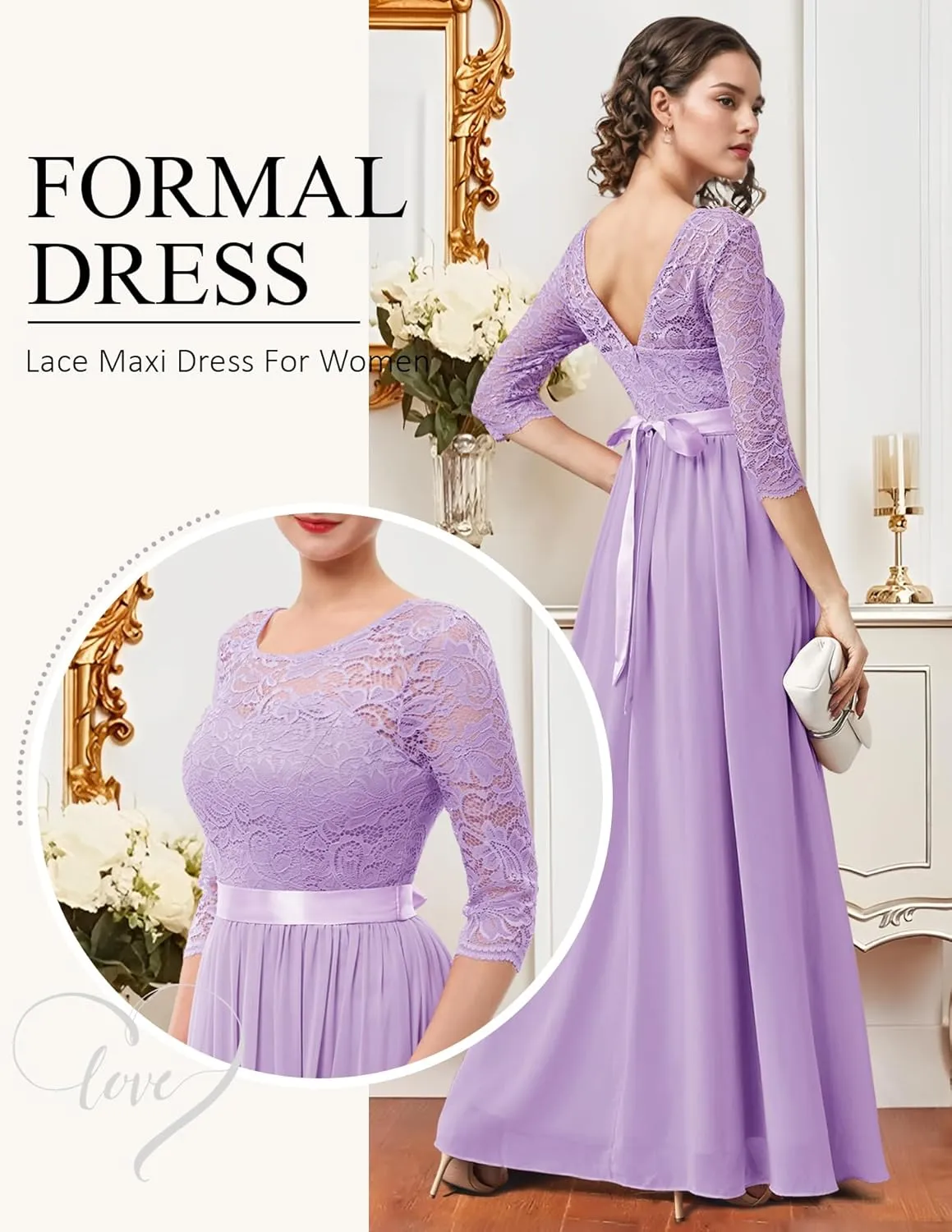BeryLove Women Long Sleeve Formal Party Dress Lace Wedding Guest Maxi Dresses Elegant Cocktail Evening Gowns
